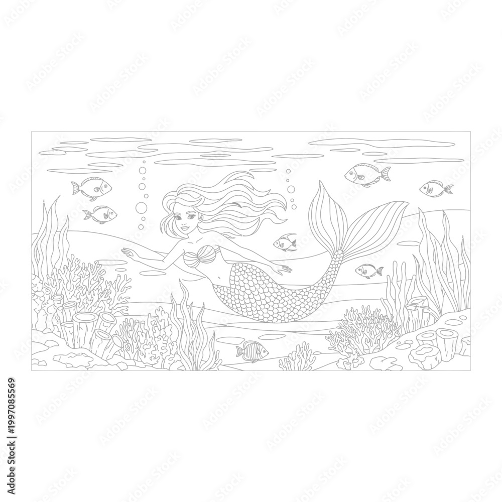 Fototapeta premium Detailed underwater ocean scene line art for coloring page