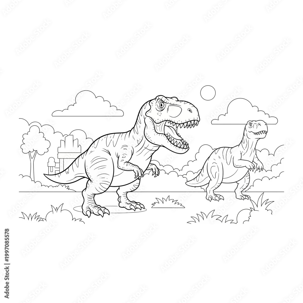 Fototapeta premium Two tyrannosaurus rex dinosaurs in prehistoric landscape coloring page