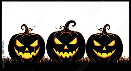Halloween Pumpkin Jack O Lantern Set with Spooky Faces Glowing Eyes Dark Silhouette Style Holiday Decoration Isolated on White Background