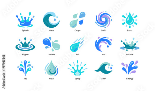 Water splash and wave icons arranged in a grid layout