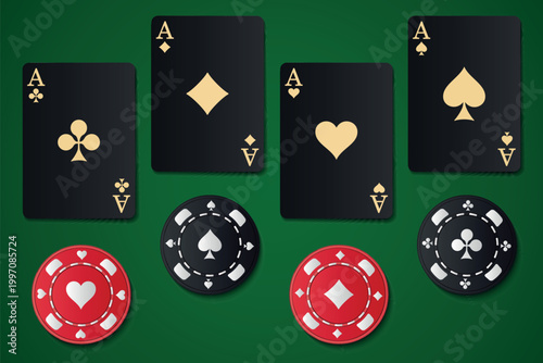 Casino game elements set: black golden aces and poker chips.