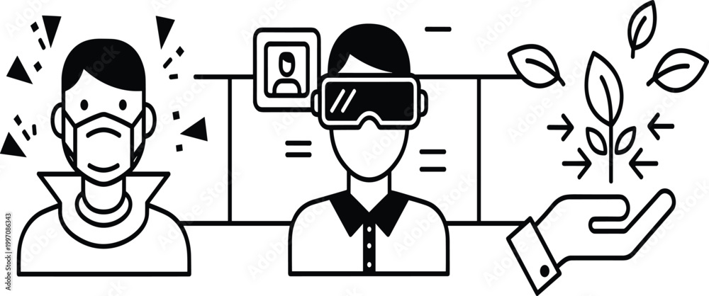Fototapeta premium Line icons set showing stress anxiety virtual reality technology and eco friendly growth concepts minimal outline vector illustration collection