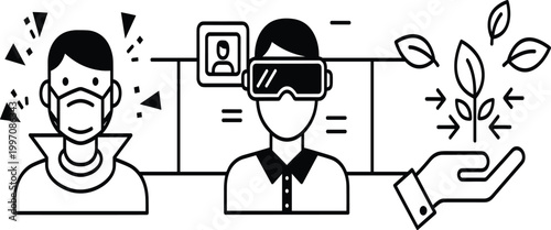 Line icons set showing stress anxiety virtual reality technology and eco friendly growth concepts minimal outline vector illustration collection