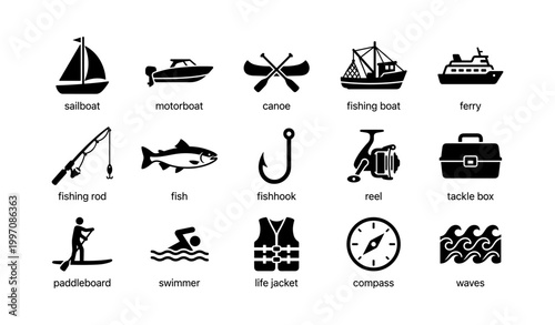 Boating and fishing icons arranged in black silhouette grid