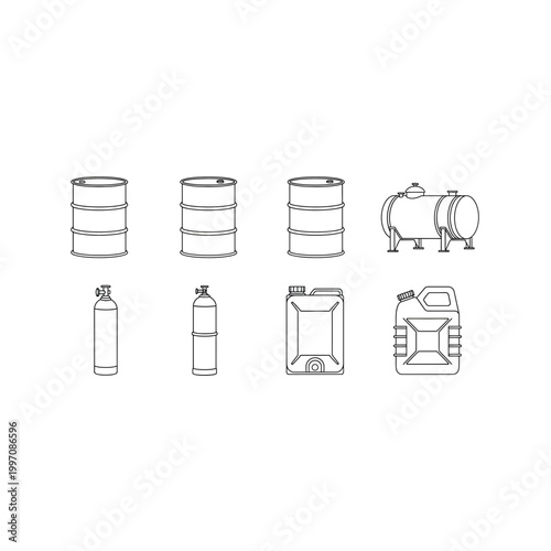 Industrial storage containers and fuel canisters line art icons