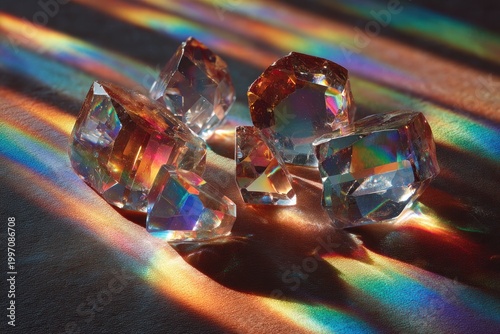 Iridescent crystal jewels glowing with rainbow light