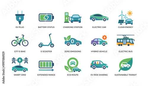 Electric vehicle and charging icons for sustainable transport