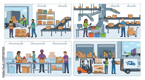 Warehouse workers managing logistics shipping and distribution operations with conveyor belts forklifts and delivery trucks in a modern industrial storage facility illustration