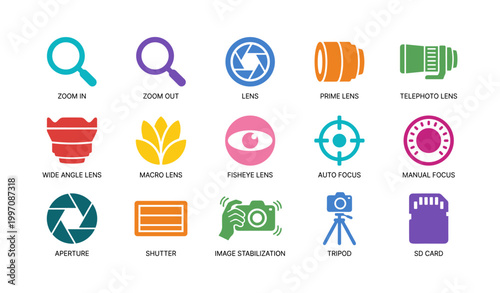 Photography equipment and capture feature icons on white background