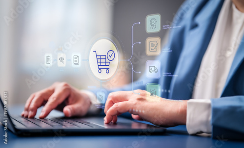 Businesswoman Pocurement  purchasing  process contract with caterer approval document, management digital verification