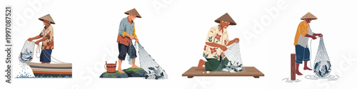Set of illustrations depicting traditional Asian fishermen with conical hats catching fish using nets on boats and rocks.