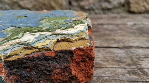 Multicolored Stone Fragment with Unique Patterns and Textures on Weathered Wooden Surface
