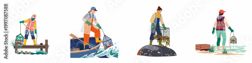 Vector illustration set of women catching crabs using traps and nets from a pier, boat, rocks, and at the beach.