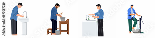 Set of flat illustrations showing a man performing various daily hygiene tasks like washing hands, laundry, and feet using different water sources.