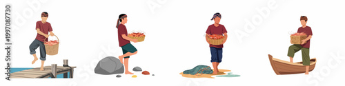 Illustrations of traditional fishermen in different coastal scenes carrying baskets of freshly caught shrimp, including a pier, beach, and boat.