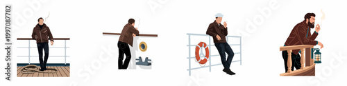 Illustrations of a man in a leather jacket smoking on a ship deck, leaning on railings with nautical elements like lifebuoys and lanterns.