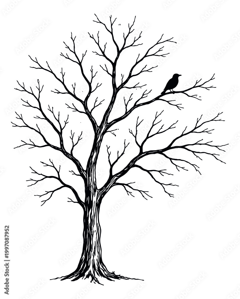 Obraz premium Hand drawn illustration of a leafless tree depicting a bird perching on a branch for seasonal designs