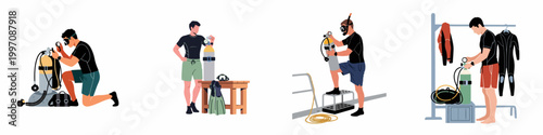 Set of illustrations showing male scuba divers checking and preparing their diving equipment, oxygen tanks, and gear before an underwater dive.