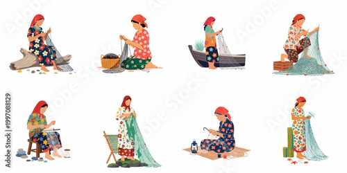 Set of flat vector illustrations depicting traditional fisherwomen weaving and repairing fishing nets in various poses and settings.