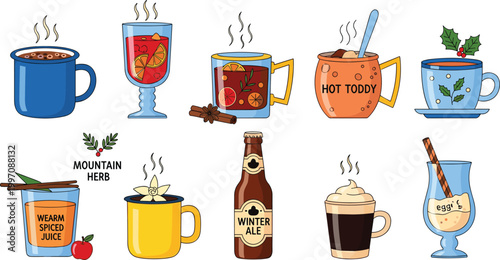 Warm Winter Drink Vector Set Featuring Hot Toddy, Spiced Wine, Herbal Tea, Winter Ale, and Cozy Beverage Illustrations