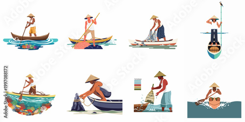 Set of flat vector illustrations of traditional Asian fishermen on wooden boats using various methods like nets, traps, and paddles in the ocean.