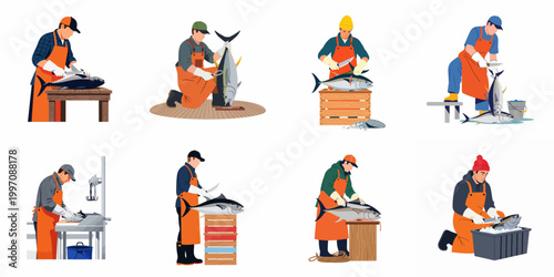 Set of fisherman illustrations processing and cutting fresh tuna, featuring various scenes of fish cleaning and preparation in a flat design style.