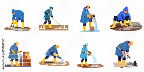 Illustrations of fishers and deckhands in blue raincoats and yellow boots working on a boat deck, cleaning, scrubbing, and handling fish.