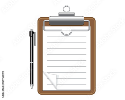 Vector illustration design of a clipboard made of thin wooden board with thin white lined paper and also a ballpoint pen which is usually used to note something down.