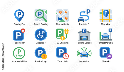 Parking app icons showing parking features and spot statuses on white
