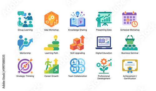 Collection of education and training icons displayed in rows
