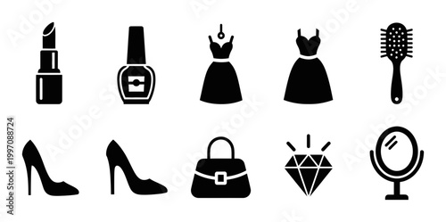 10 Beauty and Fashion icons featuring lipstick, dress, heels and handbag, outline solid styles, UI and web interface design