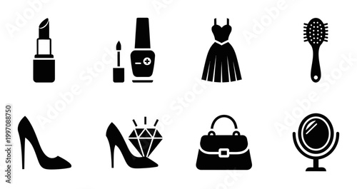 8 Beauty icons lipstick nail polish dress hairbrush high heels handbag, outline solid styles, UI and web interface design