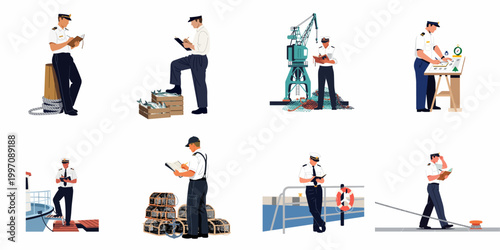 Set of flat vector illustrations depicting a ship captain or marine officer performing various professional duties in maritime and port environments.