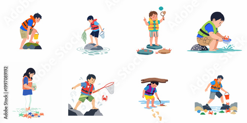 Bild auf Leinwand Illustrations of children exploring the seashore, catching crabs, and discovering marine life while wearing safety life jackets for coastal outdoor activities