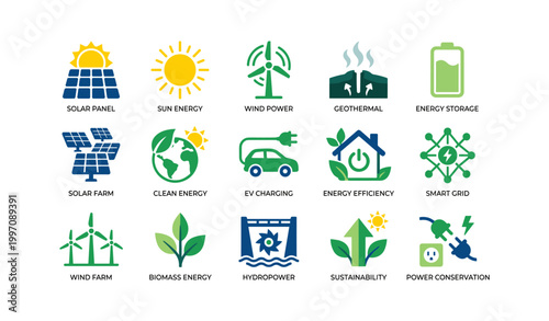 Renewable energy icons arranged in grid on white background