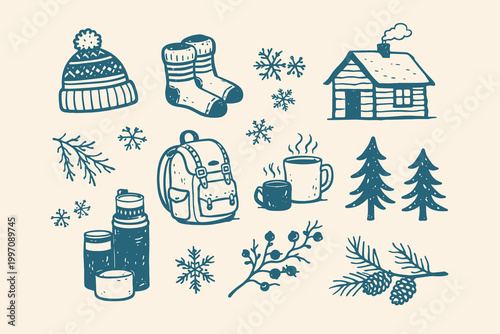 Winter camping doodle vector illustration set with cabin, backpack, hot drinks and hand drawn snowy icons