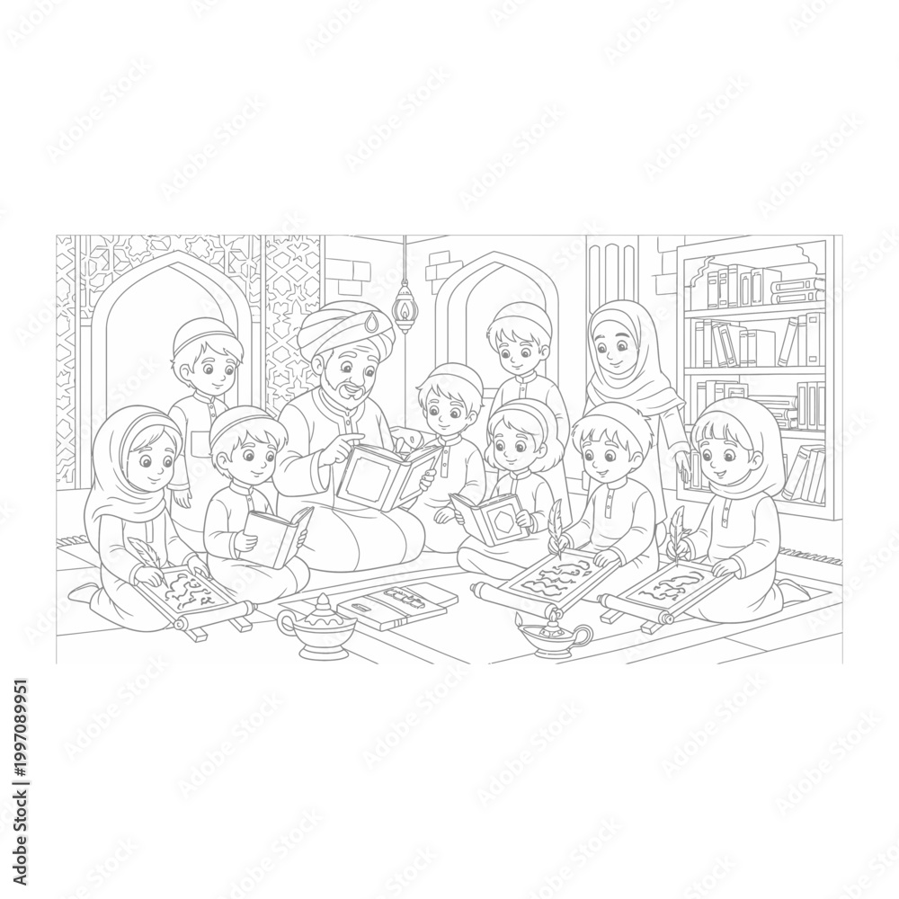 Obraz premium Group of children and adults sitting at table, outline illustration
