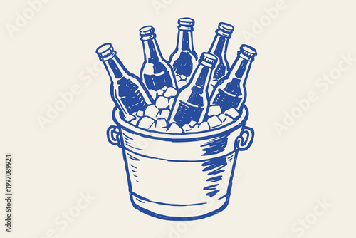 Beer bottles in ice bucket doodle vector illustration with chilled drinks and hand drawn party beverage