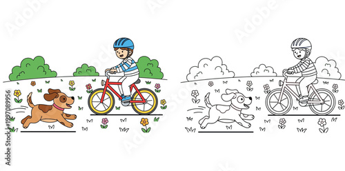 Boy Riding Bicycle with Running Dog in a Park - Outdoor Fun Cartoon Vector