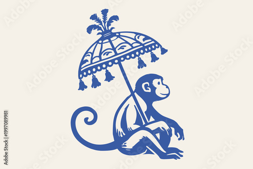 Photography Monkey with umbrella doodle vector illustration, cute hand drawn sitting animal