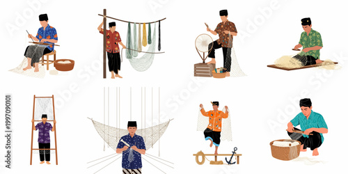 Set of eight illustrations featuring Indonesian men in traditional clothing craftily hand-making fishing nets, representing maritime heritage and local artistry.