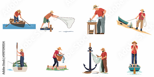 Collection of fishermen illustrations featuring men rowing boats, casting nets, cleaning fresh catch, and mending gear on a white background.