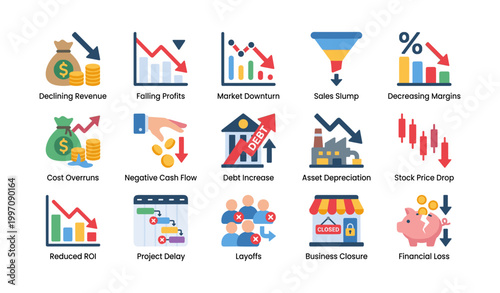 Business risk icons showing financial decline and disruption in grid