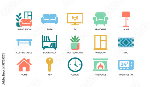 Living room icons displaying furniture and fixtures in grid layout