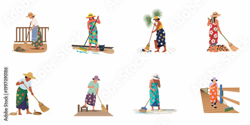 Collection of eight illustrations showing women in tropical attire sweeping and cleaning wooden decks and outdoor areas with traditional brooms.