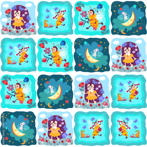 Patchwork seamless pattern with bees, mice and hedgehogs. Cute print for fabr...