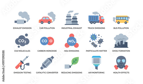 Air pollution icons showing emission sources on white background