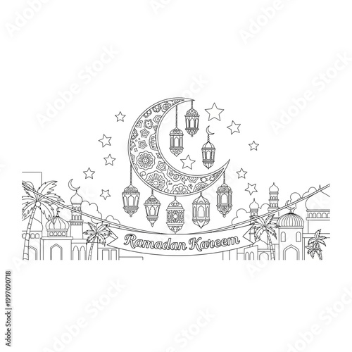 Ramadan kareem banner with crescent moon, lanterns, and mosque silhouettes