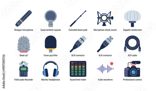 Recording devices icons arranged in grid on white background