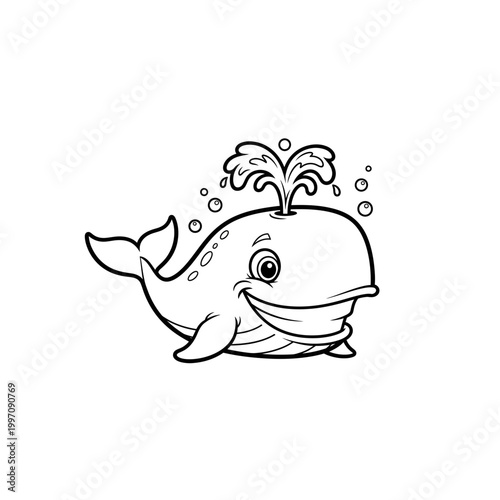 Happy cartoon whale spouting water outline drawing for coloring
